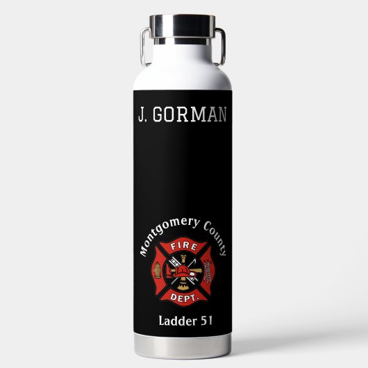 赤と黒の消防署のロゴパーソナライズされた ウォーターボトル (正面)