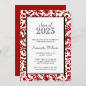 赤と黒の渦巻きダマスクの卒業発表 招待状 (正面/裏面)