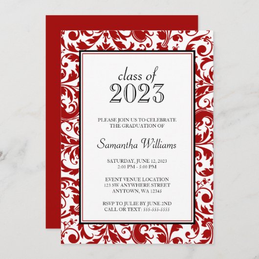 赤と黒の渦巻きダマスク卒業発表 招待状 (正面/裏面)