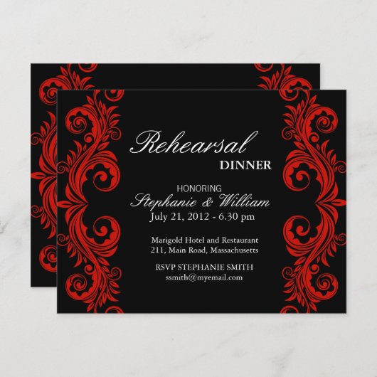 赤と黒の渦巻きリハーサルのディナーカード 招待状 (正面/裏面)