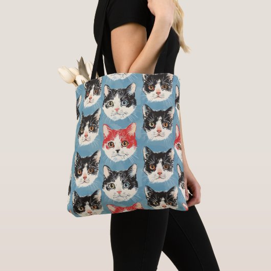 赤と黒の猫パターン トートバッグ (クローズアップ)
