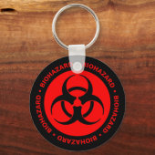 赤と黒の生物学的災害［有害物質］記号キーチェーン(文字付き) キーホルダー (正面)