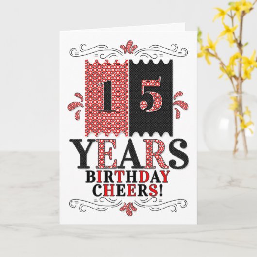 赤と黒の男の子と女の子のための15誕生日 カード (黄色い花)