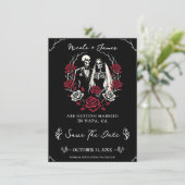 赤と黒の白いバラ スケルトン Save the Date 招待状 (スタンド正面)
