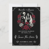 赤と黒の白いバラ スケルトン Save the Date 招待状 (正面)