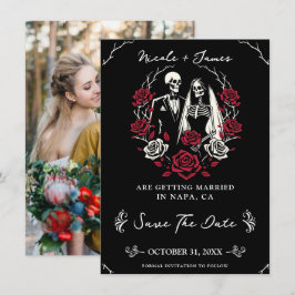 赤と黒の白いバラ スケルトン Save the Date 招待状