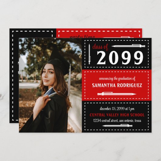 赤と黒の箱点々のあると鉛筆の卒業 招待状 (正面/裏面)