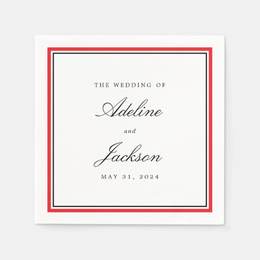 赤と黒の縁どクラシック伝統的結婚の スタンダードカクテルナプキン (正面)
