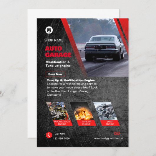赤と黒の自動モダンガレージフライヤー 招待状 (正面/裏面)