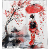 赤と黒の花柄の芸者 | シャワーカーテン (正面)