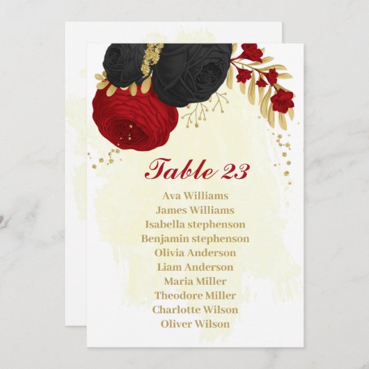 赤と黒の花金ゴールドシーティングチャートカード 招待状 (正面/裏面)
