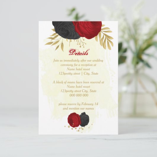 赤と黒の花金ゴールド結婚植物 エンクロージャーカード (スタンド正面)