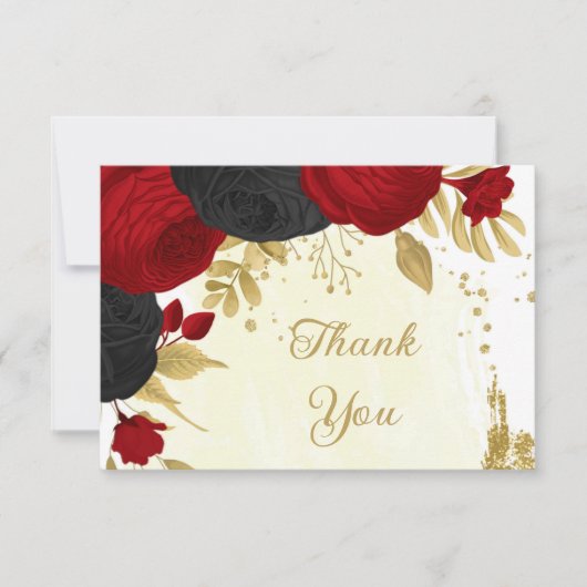 赤と黒の花金ゴールド結婚植物 サンキューカード (正面)