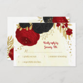 赤と黒の花金ゴールド結婚植物 出欠カード (正面/裏面)