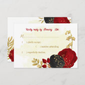 赤と黒の花金ゴールド結婚植物 出欠カード (正面/裏面)