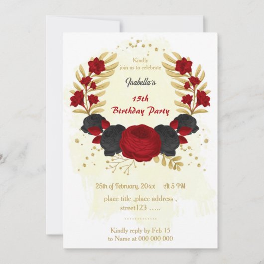赤と黒の花金ゴールド誕生日パーティー 招待状 (正面)