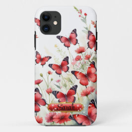 赤と黒の蝶 水彩フラワー iPhone/iPadケース iPhone 15ケース