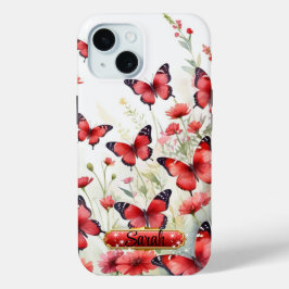 赤と黒の蝶 水彩フラワー iPhone/iPadケース iPhone 15ケース