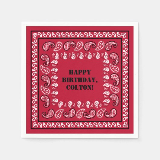 赤と黒の西バンダナプリント誕生日パーティー スタンダードカクテルナプキン (正面)