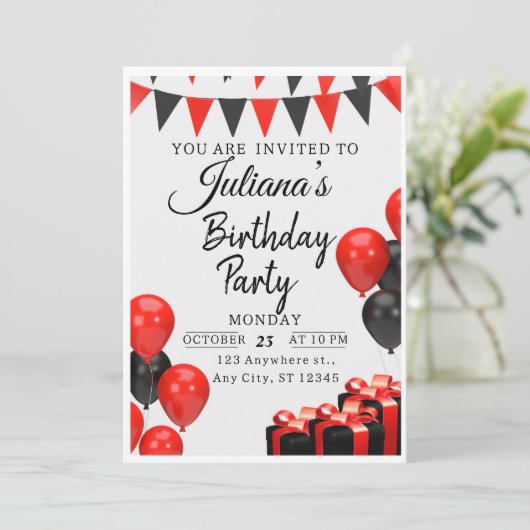 赤と黒の誕生日モダンパーティーの招待 招待状 (スタンド正面)
