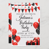 赤と黒の誕生日モダンパーティーの招待 招待状 (正面/裏面)
