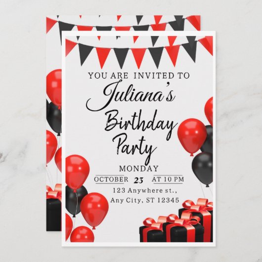 赤と黒の誕生日モダンパーティーの招待 招待状 (正面/裏面)