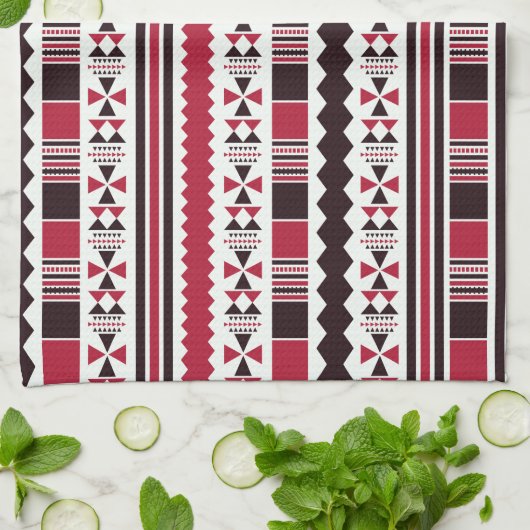 赤と黒の部族模様 キッチンタオル (折り畳み)