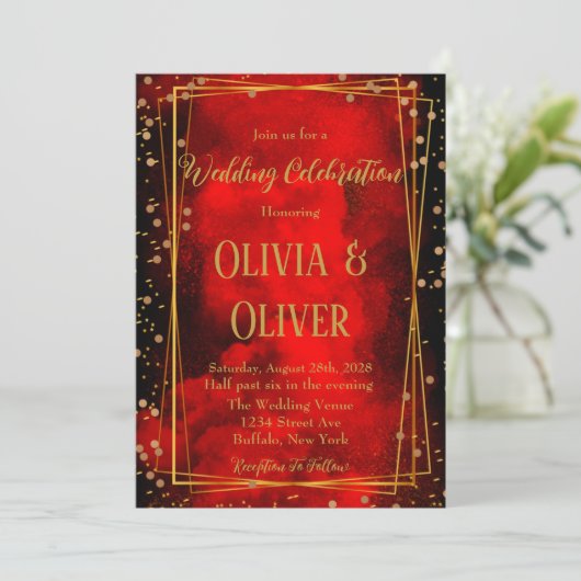 赤と黒の金ゴールド幾何学的グリッター結婚のインビ 招待状 (スタンド正面)