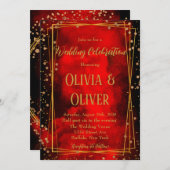 赤と黒の金ゴールド幾何学的グリッター結婚のインビ 招待状 (正面/裏面)