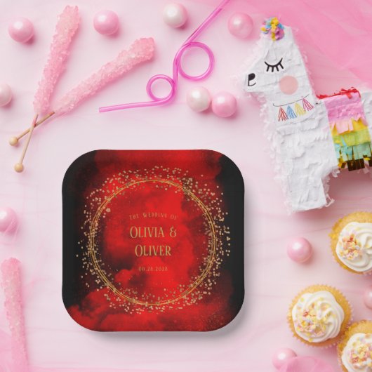 赤と黒の金ゴールド幾何学的グリッター結婚 ペーパープレート (パーティー)