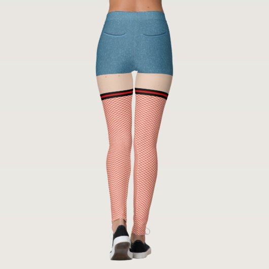 赤と黒の釣り網を使用したブルーデニムショーツ レギンス (裏面)