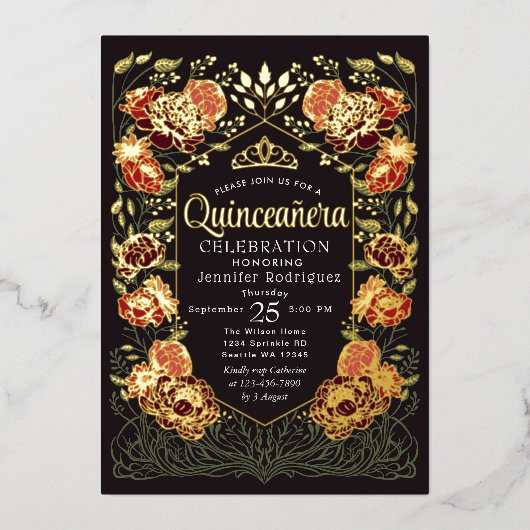 赤と黒の魅惑のガーデンフローラキンセアニェラ 箔招待状 (正面)