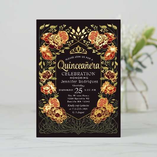 赤と黒の魅惑のガーデンフローラキンセアニェラ 箔招待状 (立ち正面)