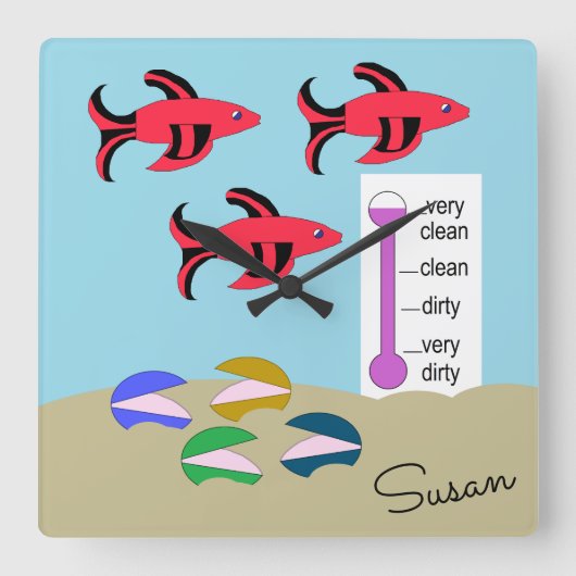 赤と黒の魚が貝と泳ぐ: スクエア壁時計 (正面)