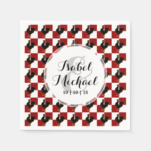 赤と黒の鶏のパターン スタンダードカクテルナプキン (正面)