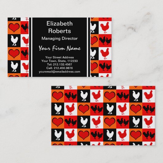 赤と黒の鶏のパターン 名刺 (正面/裏面)