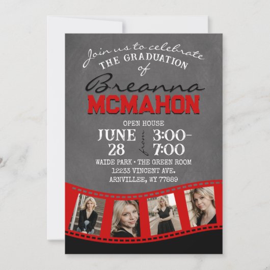 赤と黒の黒板フォトフィルムストリップ卒業 招待状 (正面)