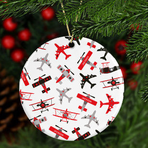 赤と黒のWWII軍隊機クリスマス セラミックオーナメント