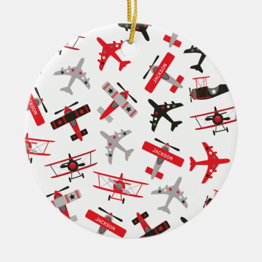 赤と黒のWWII軍隊飛行機クリスマス セラミックオーナメント (正面)