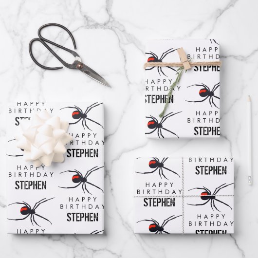 赤と黒スパイダーバースデーパーティーテーマ&名前 ラッピングペーパーシート (正面)