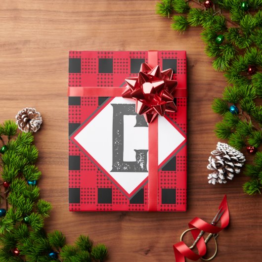 赤と黒バッファローのプレイドモノグラムイニシャルクラシック ラッピングペーパー (クリスマスギフト)