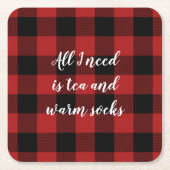 赤と黒バッファロープレイドカスタムことわざ スクエアペーパーコースター (正面)