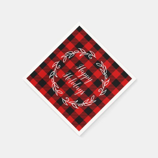 赤と黒バッファロープレイドハッピーホリデー スタンダードカクテルナプキン (角)