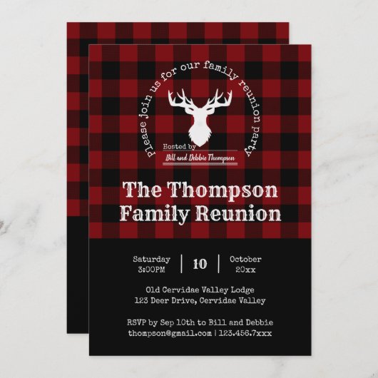 赤と黒バッファロープレイドファミリー懇親会パーティー 招待状 (正面/裏面)