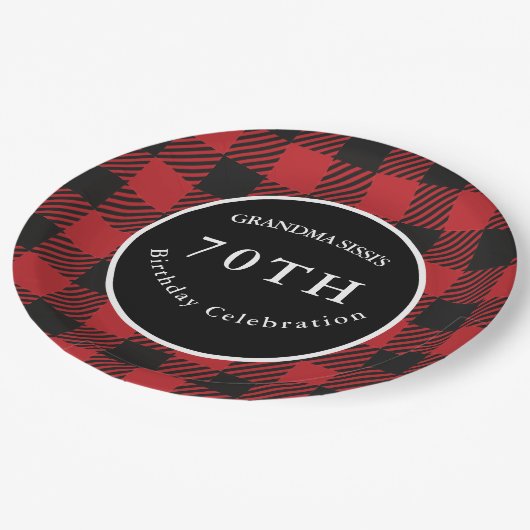 赤と黒バッファロープレイド素朴誕生日パーティー ペーパープレート (アングル)