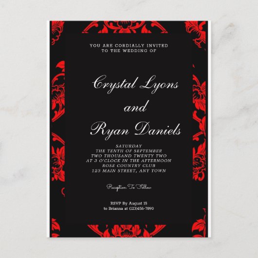 赤と黒ビクトリアン結婚式招待状 ポストカード (正面)