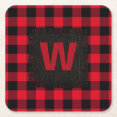 赤と黒素朴のバッファロープレイド・モノグラム スクエアペーパーコースター (正面)