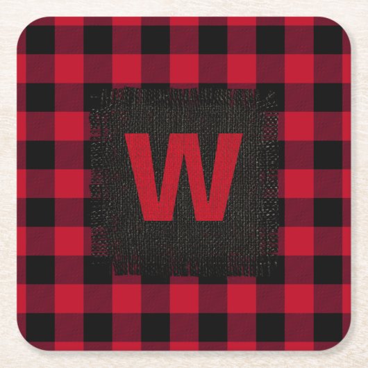 赤と黒素朴のバッファロープレイド・モノグラム スクエアペーパーコースター (正面)