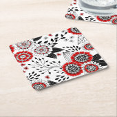 赤と黒葉のドードルの花と花 スクエアペーパーコースター (アングル)