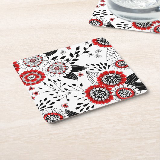 赤と黒葉のドードルの花と花 スクエアペーパーコースター (アングル)